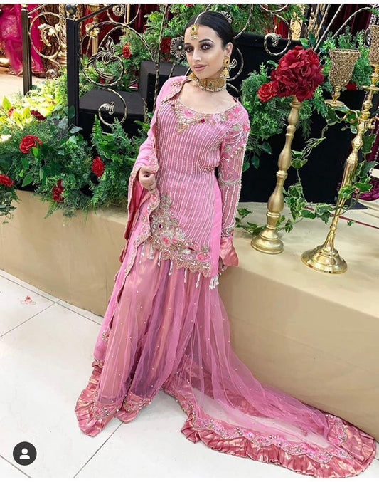 Hand-Embellished Net Sharara Set with Chiffon Shirt & Dupatta – Rose Pink Elegance