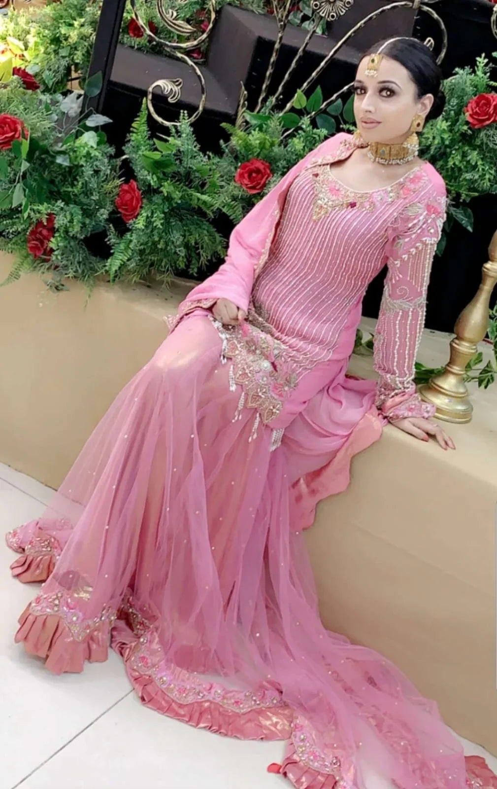 Hand-Embellished Net Sharara Set with Chiffon Shirt & Dupatta – Rose Pink Elegance