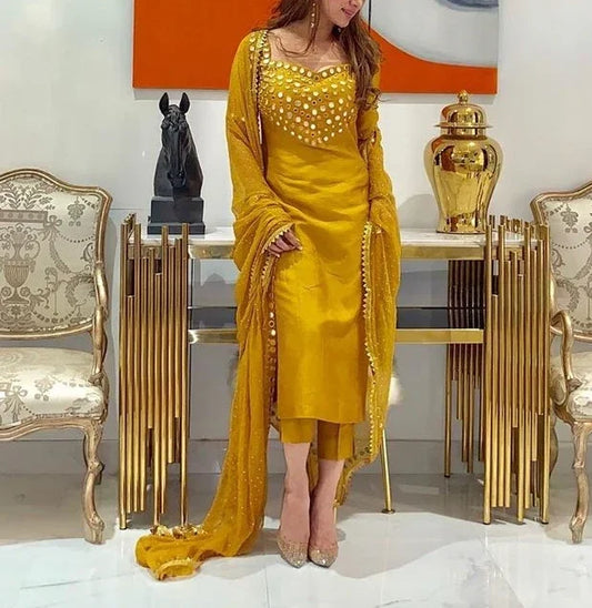 Korean Silk Suit with Chiffon Dupatta & Mirror Embroidery – Mustard Glow