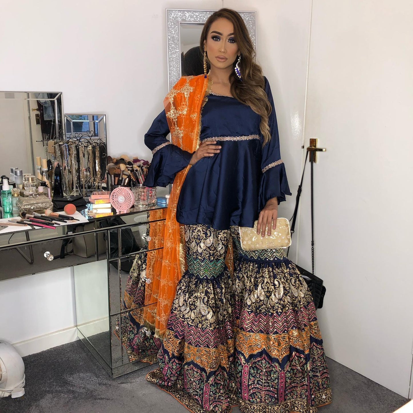 Fully Hand-Embellished Heavy Sharara Set - Navy Blue & Orange Regal Ensemble