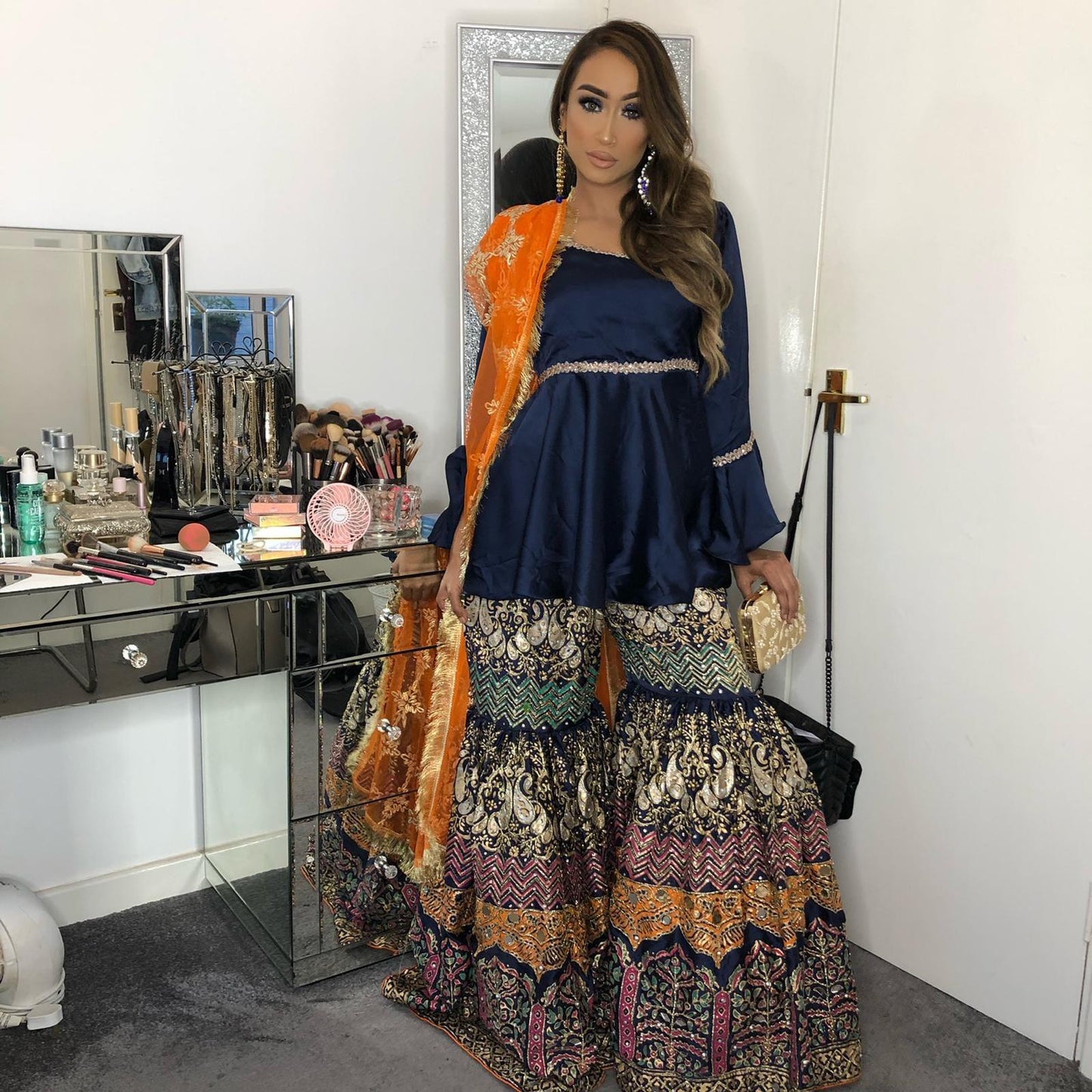 Fully Hand-Embellished Heavy Sharara Set - Navy Blue & Orange Regal Ensemble
