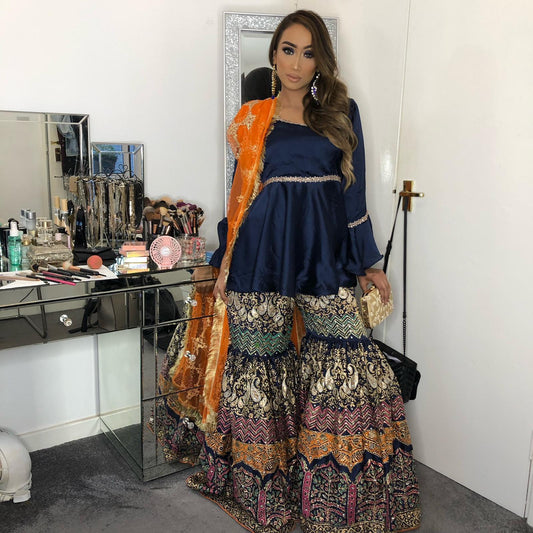 Fully Hand-Embellished Heavy Sharara Set - Navy Blue & Orange Regal Ensemble