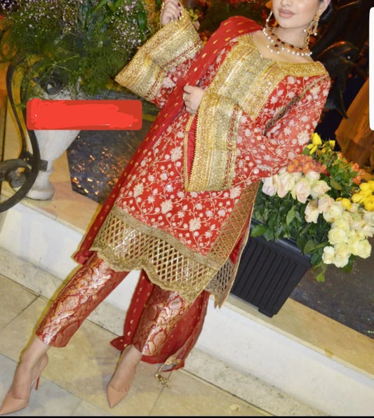 Embroidered Chiffon Suit with Jamawar Trousers & Dupatta Borders – Crimson Gold Luxe