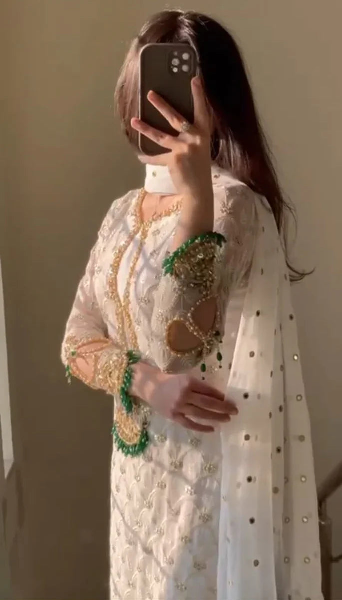 Ivory Chikankari Chiffon Suit with Handwork & Beaded Grip Trouser