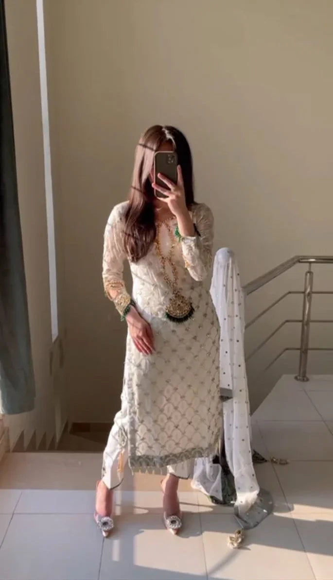 Ivory Chikankari Chiffon Suit with Handwork & Beaded Grip Trouser