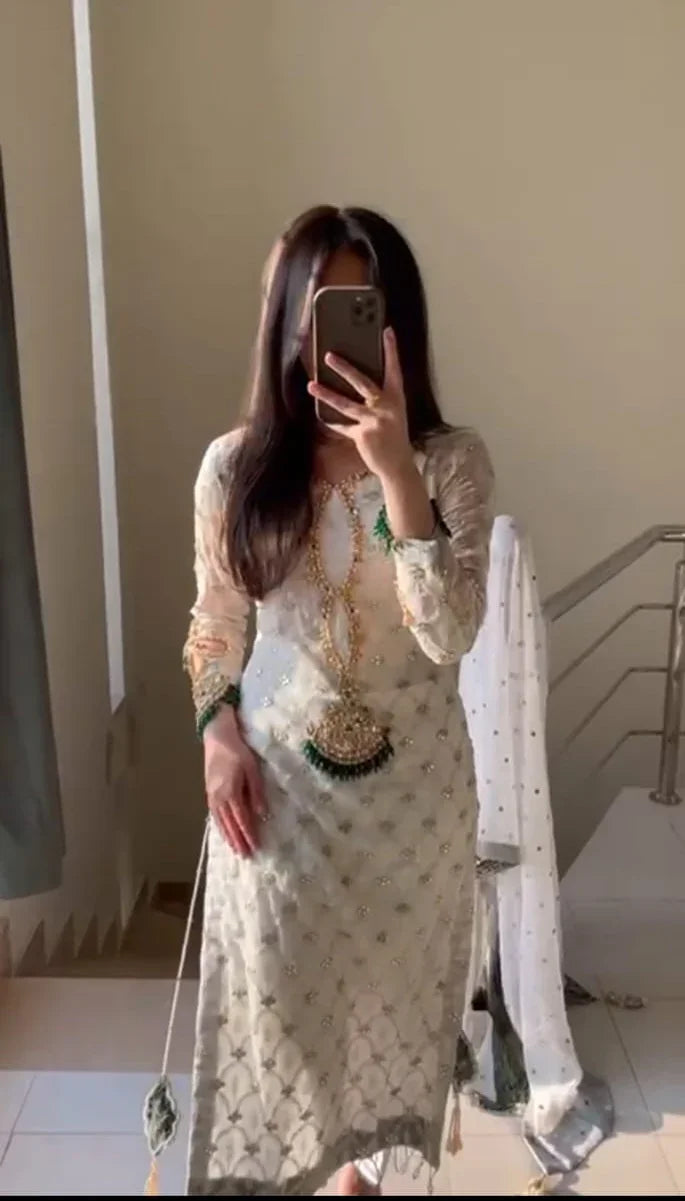 Ivory Chikankari Chiffon Suit with Handwork & Beaded Grip Trouser