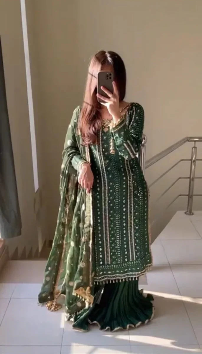 Bottle Green Chikankari Chiffon Suit with Handwork Neck & Crush Sharara