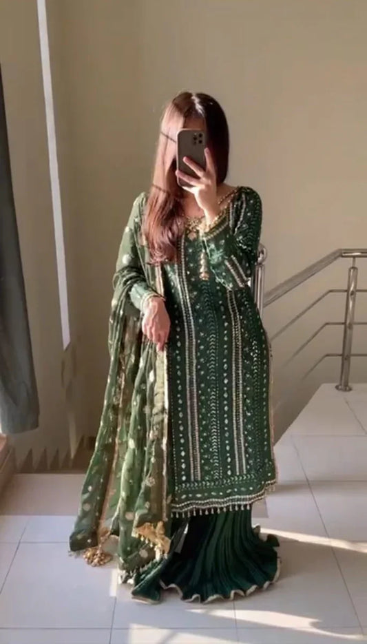 Bottle Green Chikankari Chiffon Suit with Handwork Neck & Crush Sharara