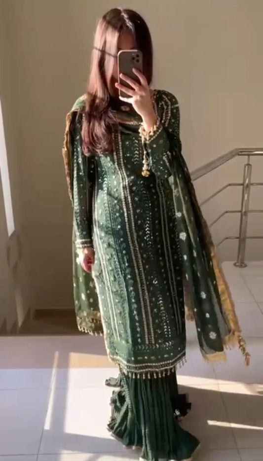 Bottle Green Chikankari Chiffon Suit with Handwork Neck & Crush Sharara
