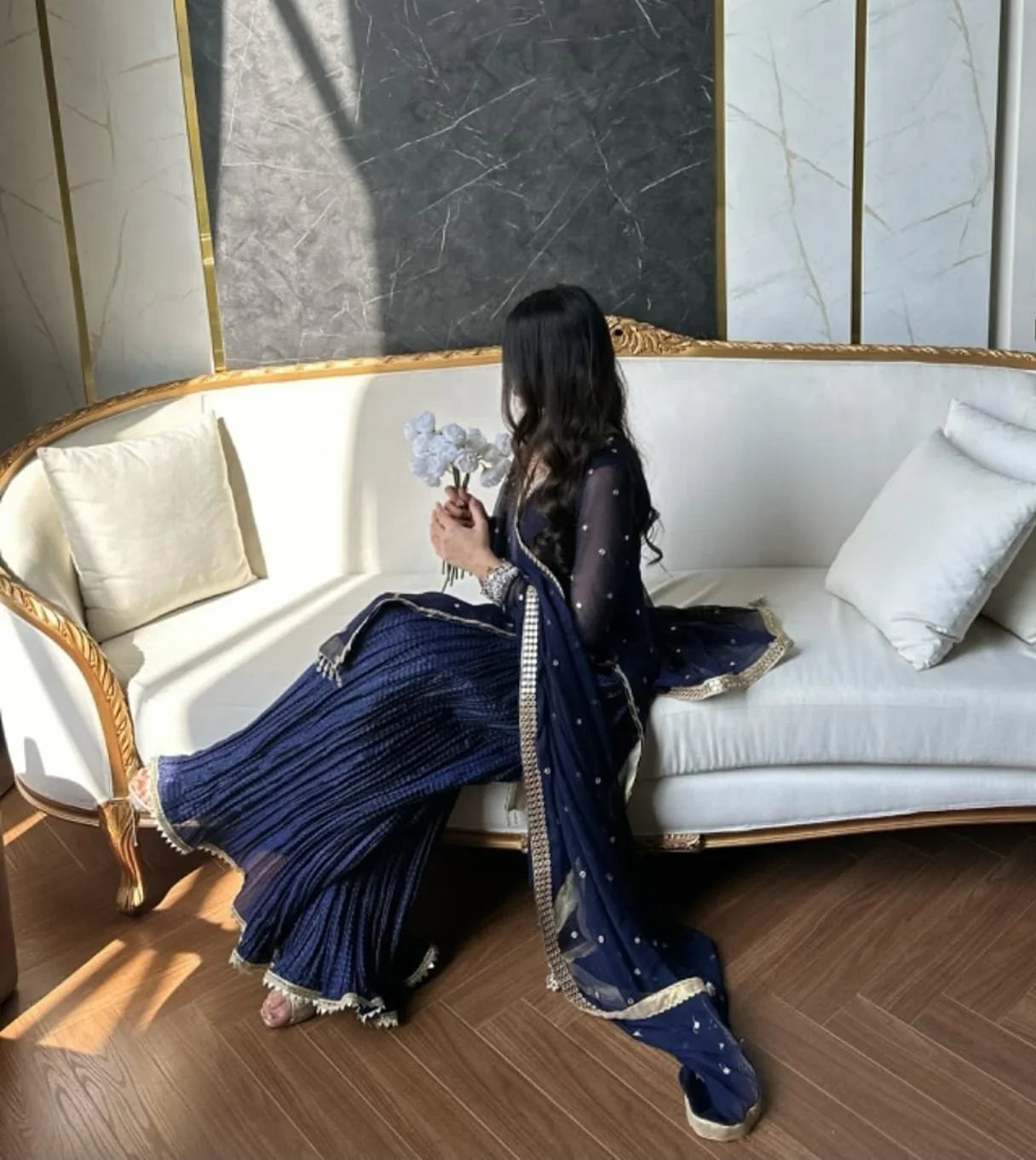 Navy Blue Chiffon Handwork Suit with Crush Sharara & Dupatta