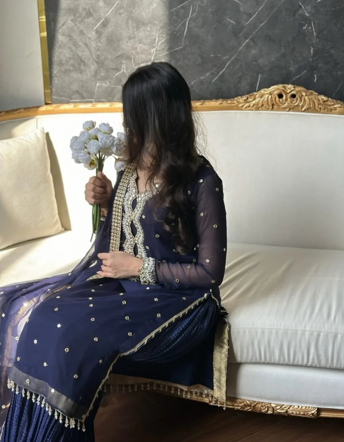 Navy Blue Chiffon Handwork Suit with Crush Sharara & Dupatta