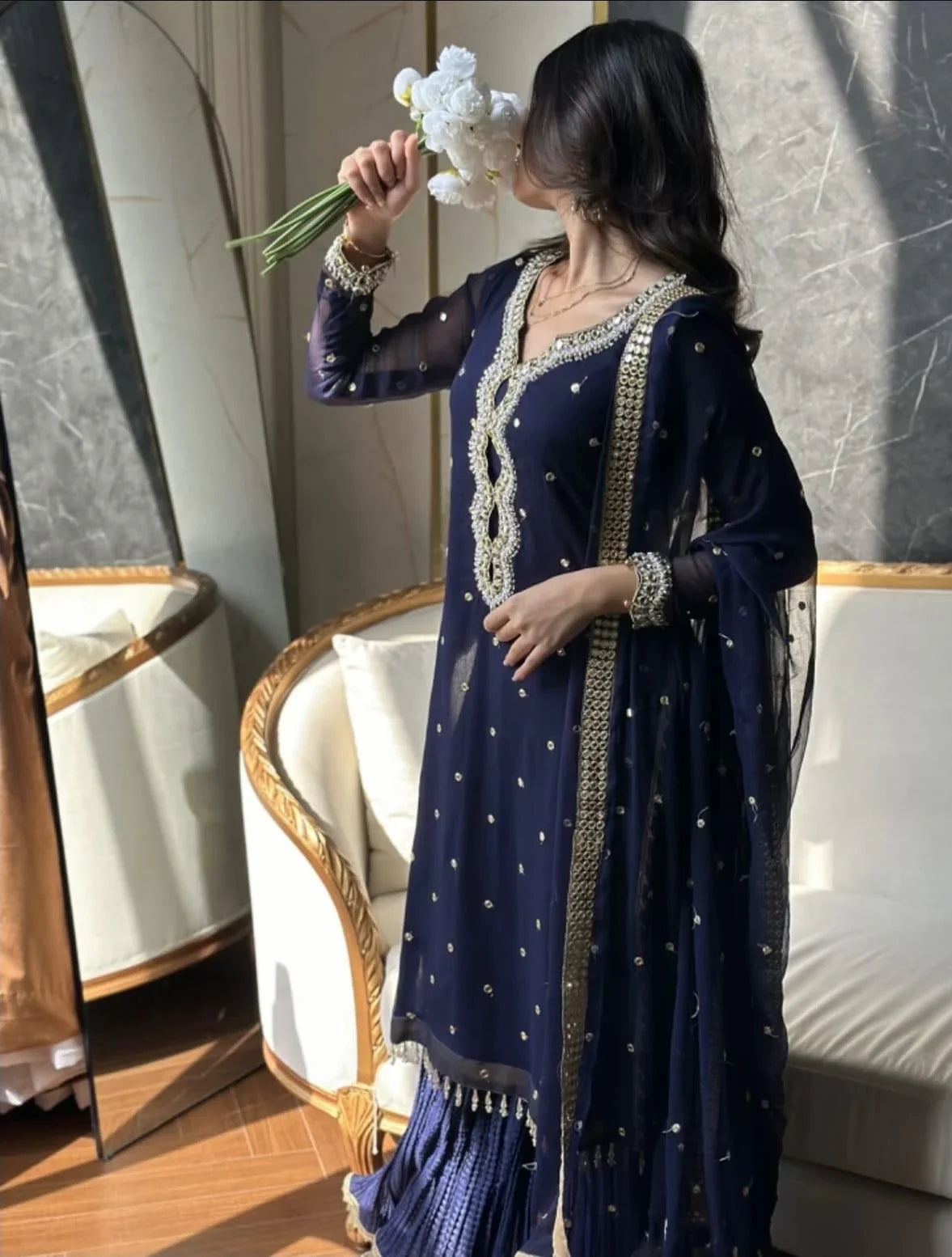 Navy Blue Chiffon Handwork Suit with Crush Sharara & Dupatta