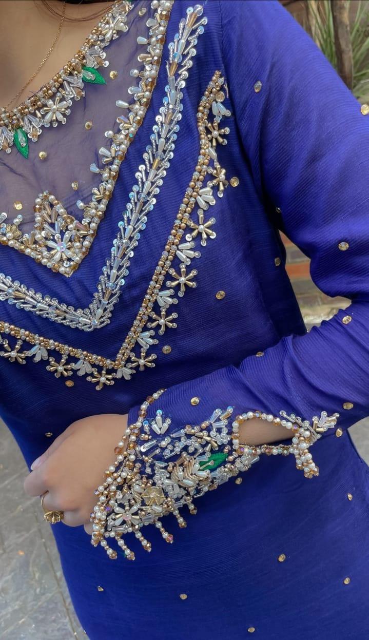 Luxury Blue Korean Silk Suit – Tassels & Hand Embellished Neck