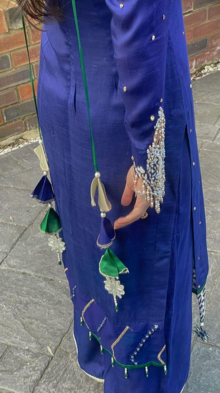 Luxury Blue Korean Silk Suit – Tassels & Hand Embellished Neck