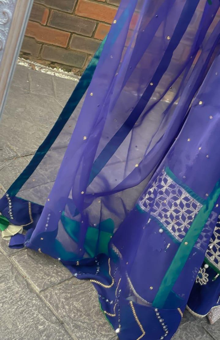 Luxury Blue Korean Silk Suit – Tassels & Hand Embellished Neck