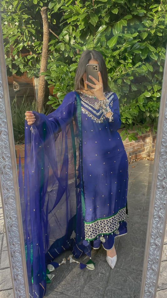 Luxury Blue Korean Silk Suit – Tassels & Hand Embellished Neck