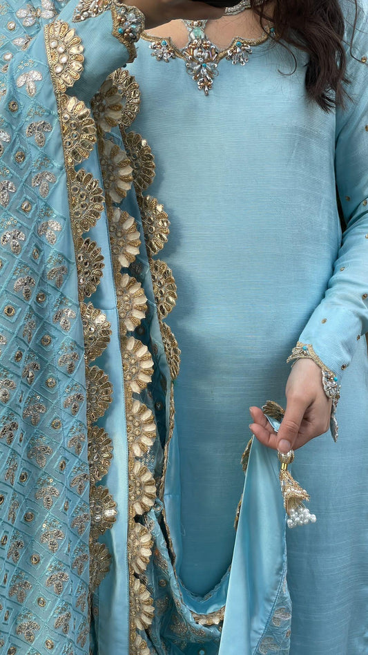 Sky Blue Korean Base Suit – Chikankari Panni Dupatta & Handwork