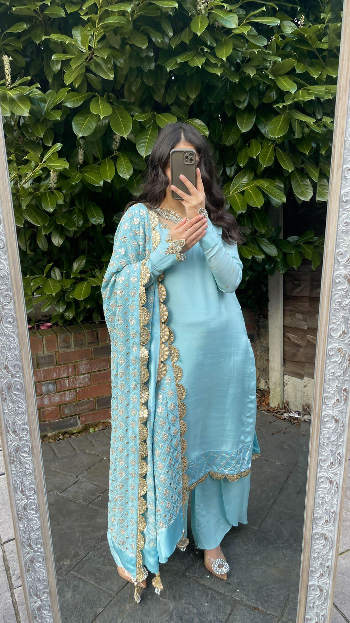 Sky Blue Korean Base Suit – Chikankari Panni Dupatta & Handwork