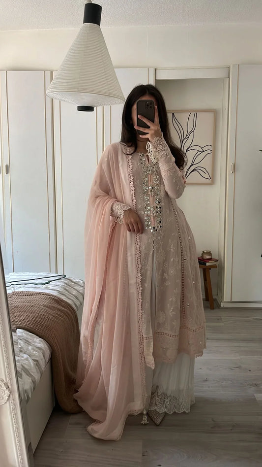 Pink Embroidered Chiffon Frock – Crush Sharara & Handwork