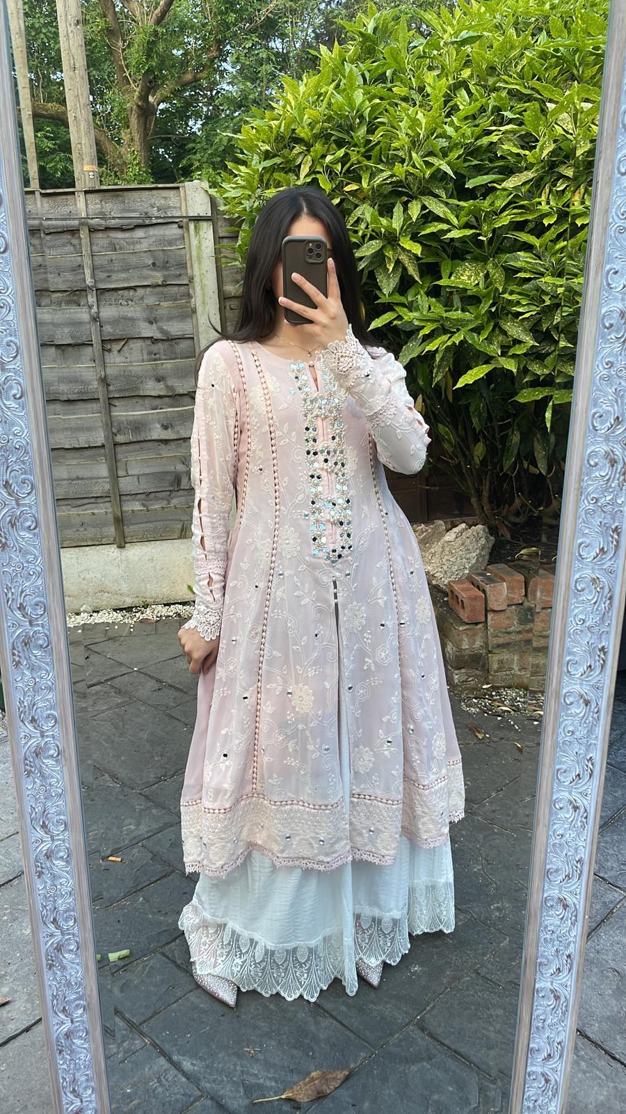 Pink Embroidered Chiffon Frock – Crush Sharara & Handwork
