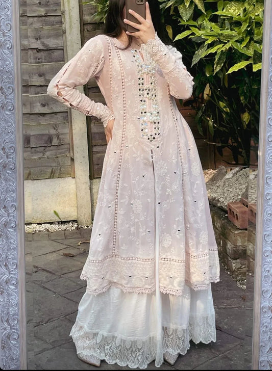 Pink Embroidered Chiffon Frock – Crush Sharara & Handwork