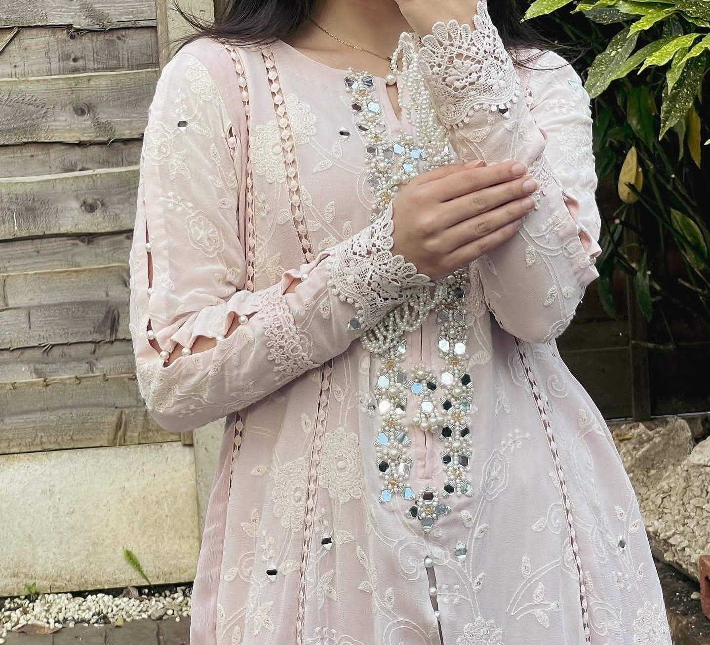 Pink Embroidered Chiffon Frock – Crush Sharara & Handwork