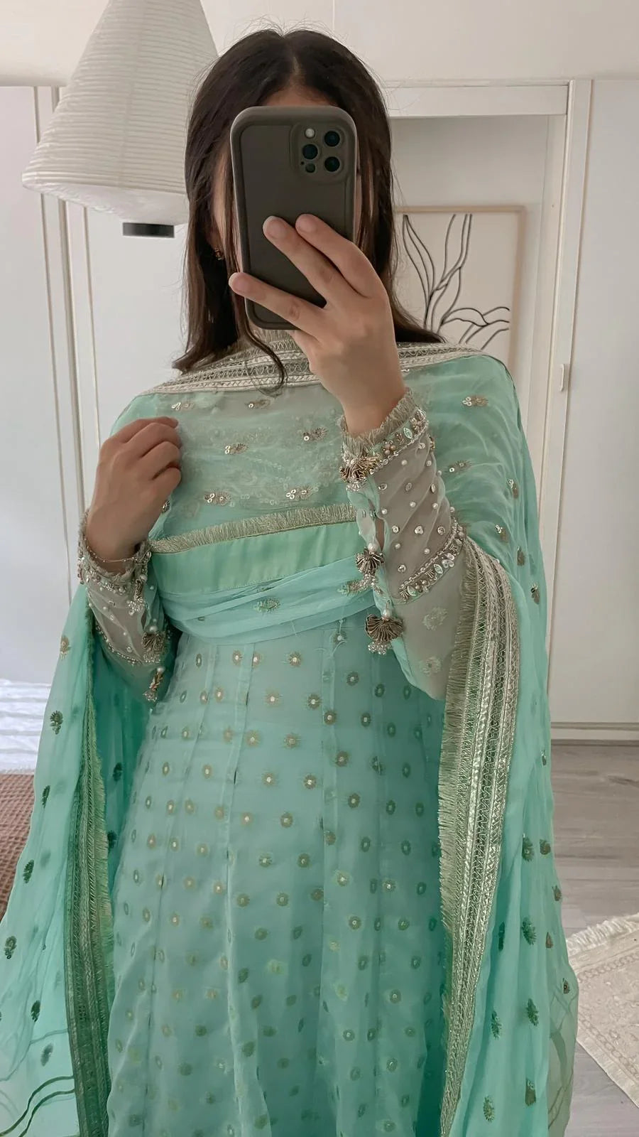 Mint Chiffon Jamawar Maxi – Handworked Neck & Dupatta Border