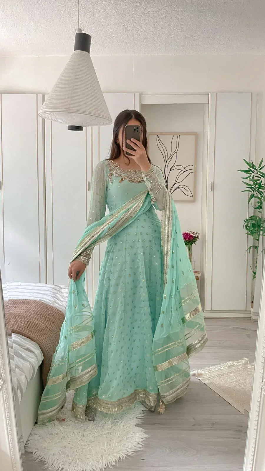 Mint Chiffon Jamawar Maxi – Handworked Neck & Dupatta Border