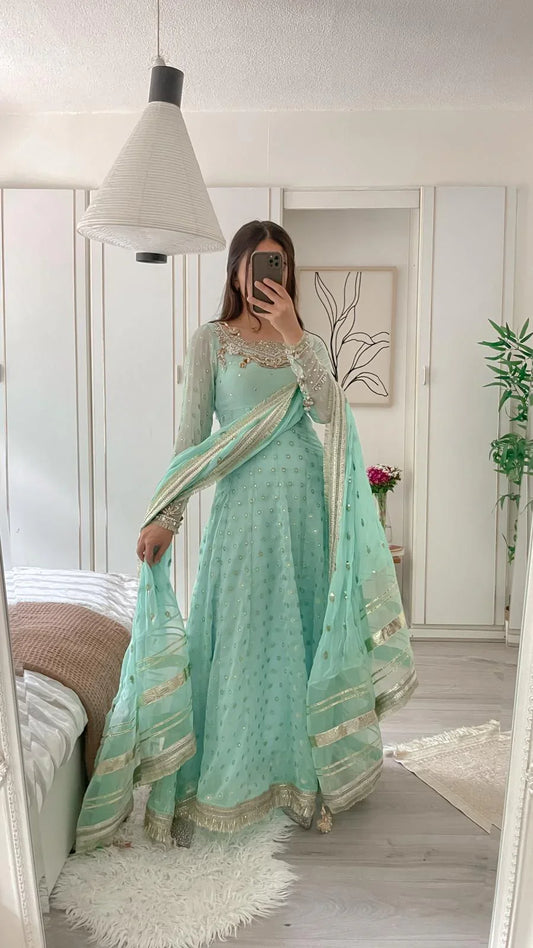 Mint Chiffon Jamawar Maxi – Handworked Neck & Dupatta Border