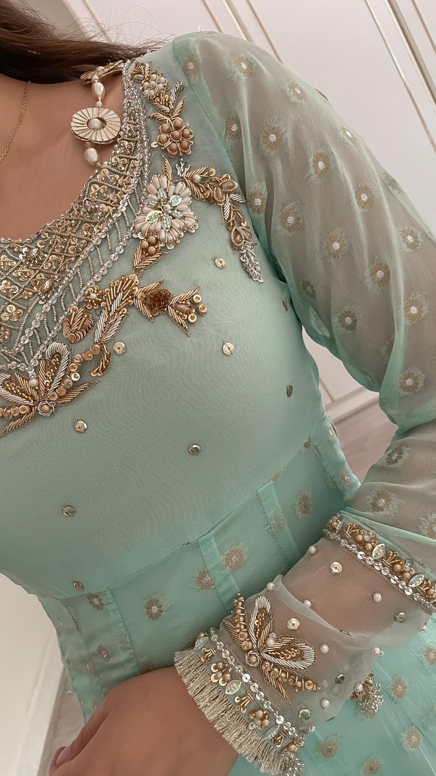 Mint Chiffon Jamawar Maxi – Handworked Neck & Dupatta Border
