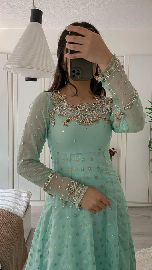 Mint Chiffon Jamawar Maxi – Handworked Neck & Dupatta Border