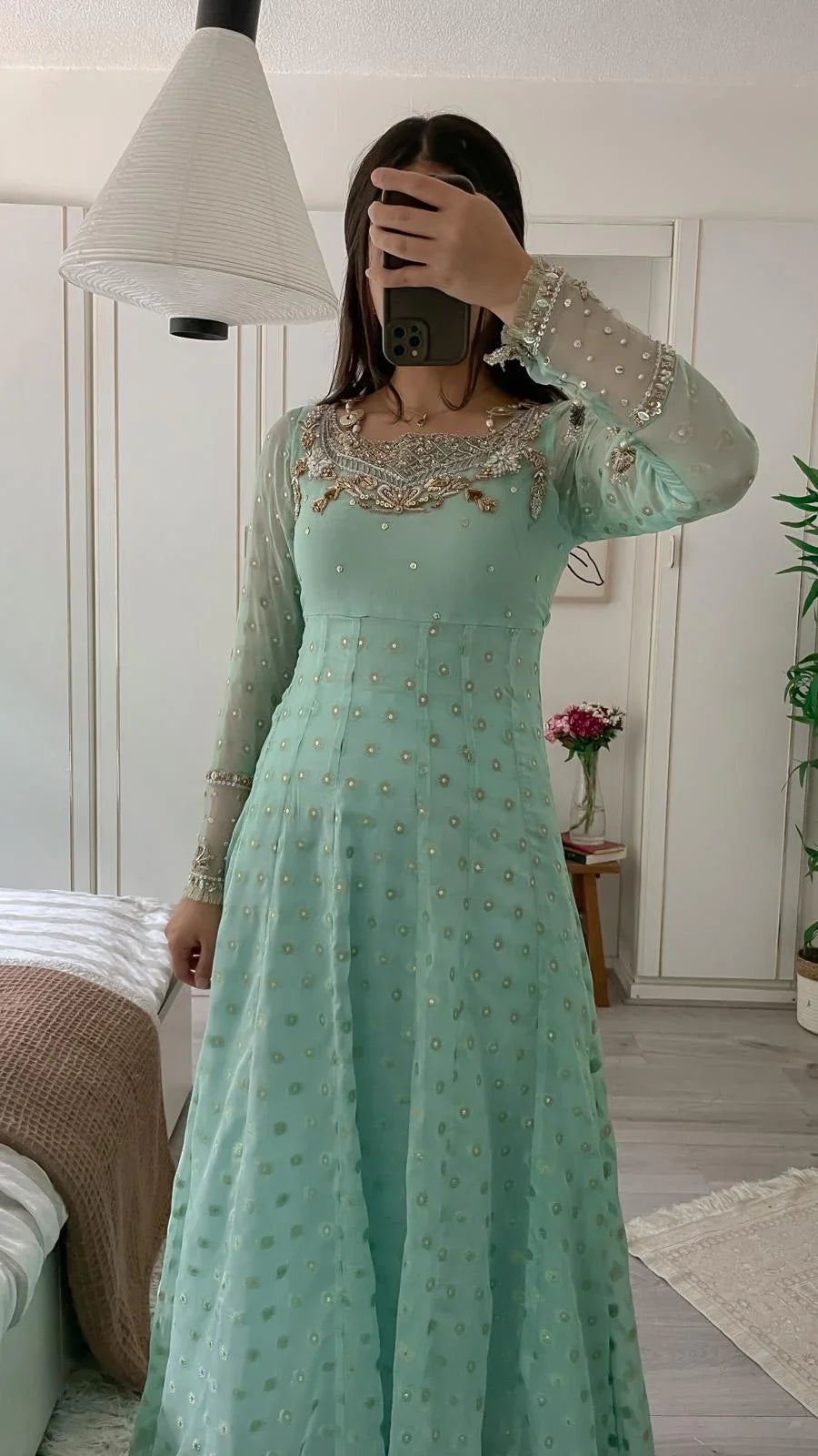 Mint Chiffon Jamawar Maxi – Handworked Neck & Dupatta Border