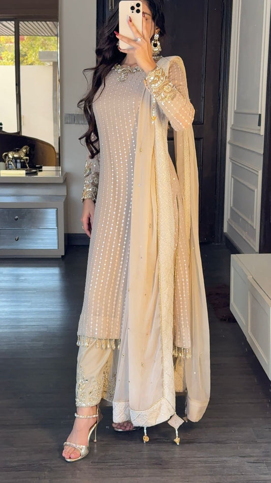 Luxury Nude Chiffon Hand-Embellished Suit – Embroidered Shirt, Trouser & Chiffon Dupatta
