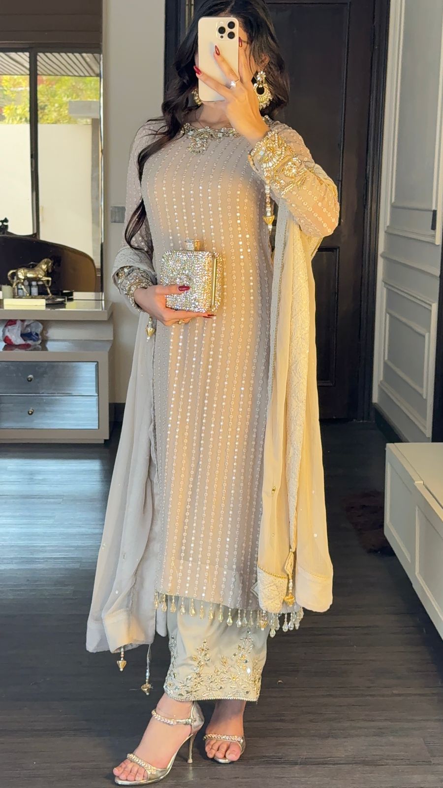 Luxury Nude Chiffon Hand-Embellished Suit – Embroidered Shirt, Trouser & Chiffon Dupatta