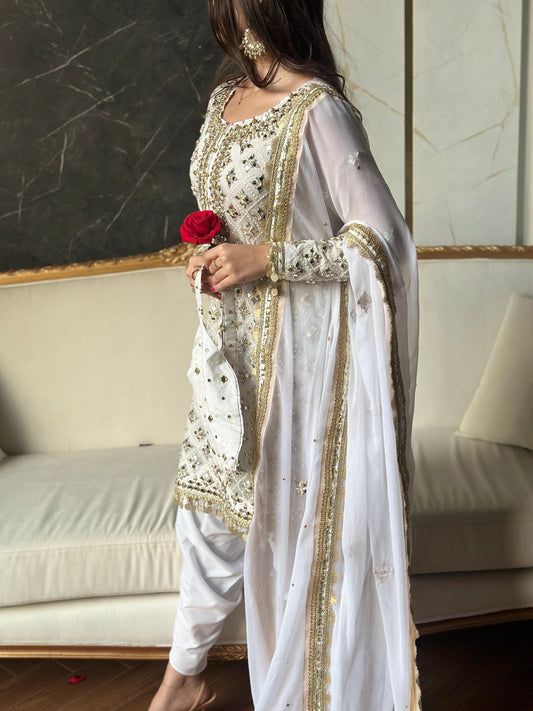 White Chikankari Mirror Work Suit – Handcrafted Zari Embellished Shirt with Tulip Shalwar / Crush Sharara & Chiffon Dupatta