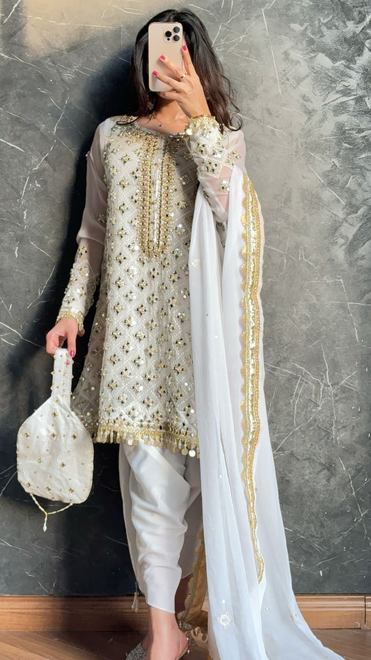 White Chikankari Mirror Work Suit – Handcrafted Zari Embellished Shirt with Tulip Shalwar / Crush Sharara & Chiffon Dupatta