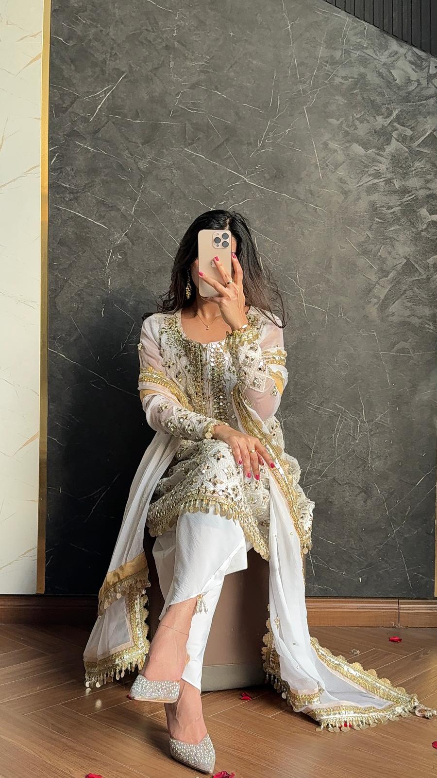 White Chikankari Mirror Work Suit – Handcrafted Zari Embellished Shirt with Tulip Shalwar / Crush Sharara & Chiffon Dupatta