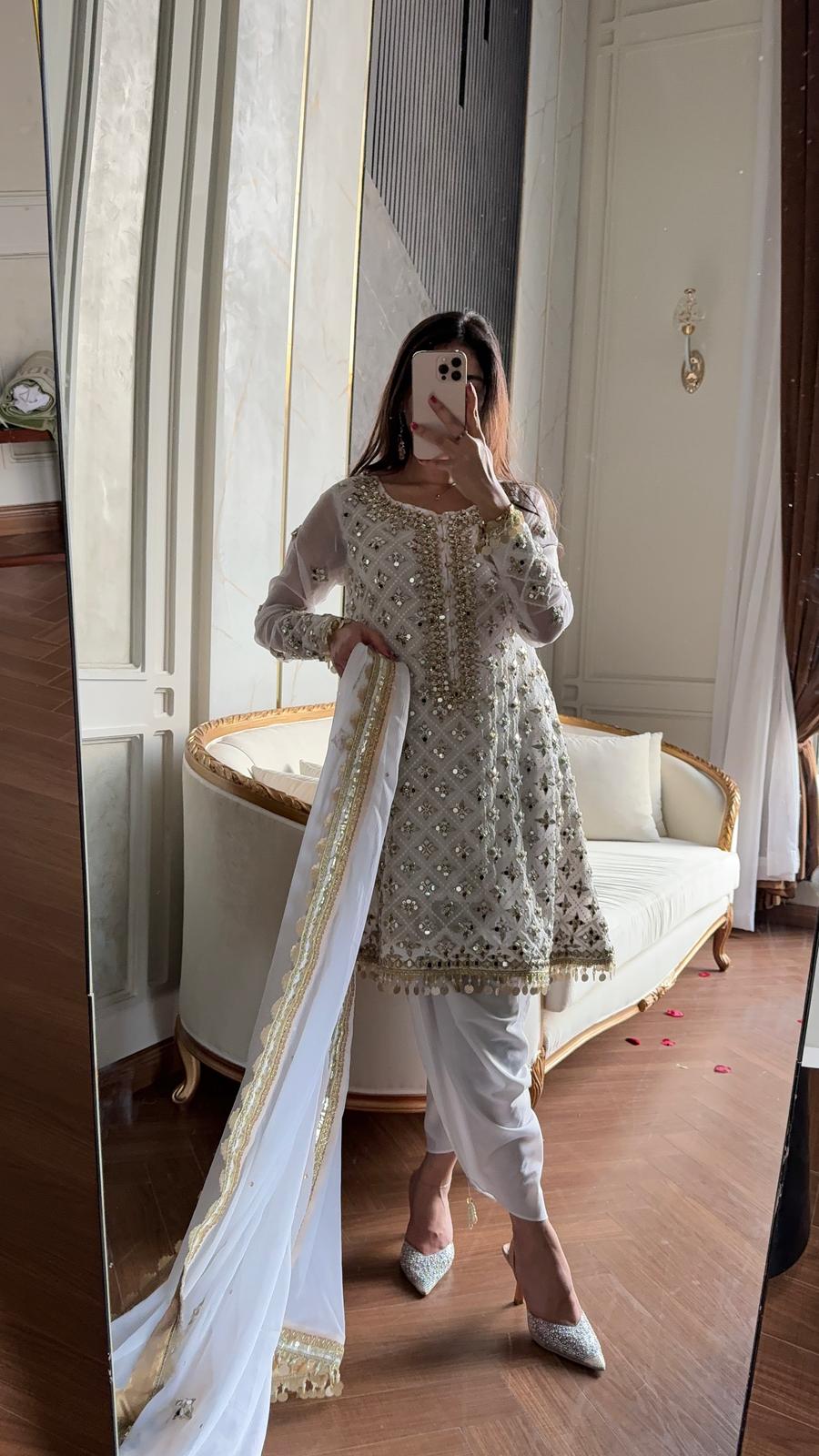 White Chikankari Mirror Work Suit – Handcrafted Zari Embellished Shirt with Tulip Shalwar / Crush Sharara & Chiffon Dupatta