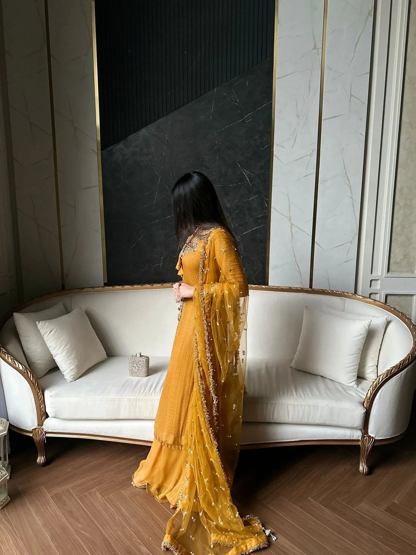 Amber Glow – Hand Embellished Mustard Chiffon Ensemble
