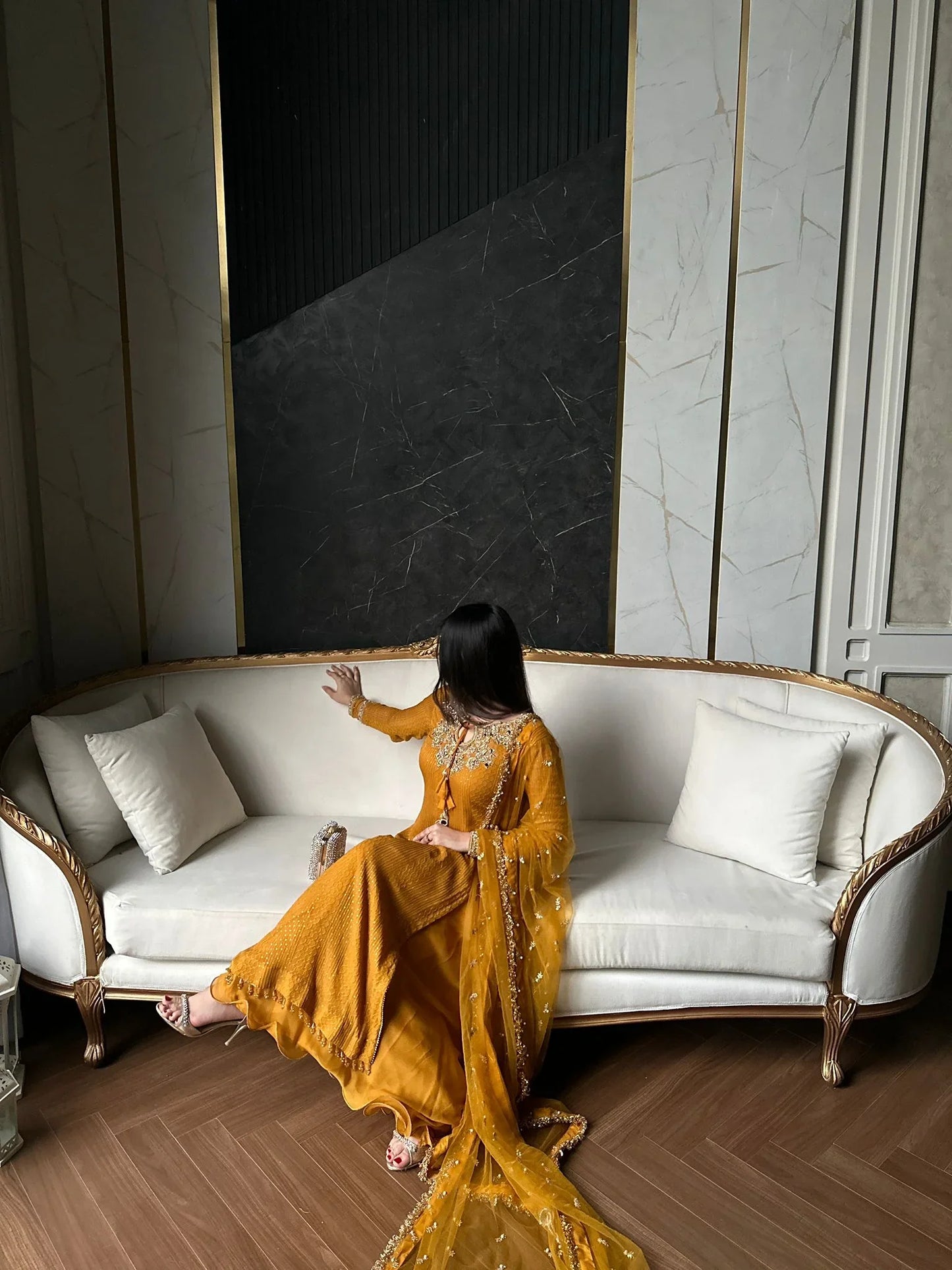 Amber Glow – Hand Embellished Mustard Chiffon Ensemble