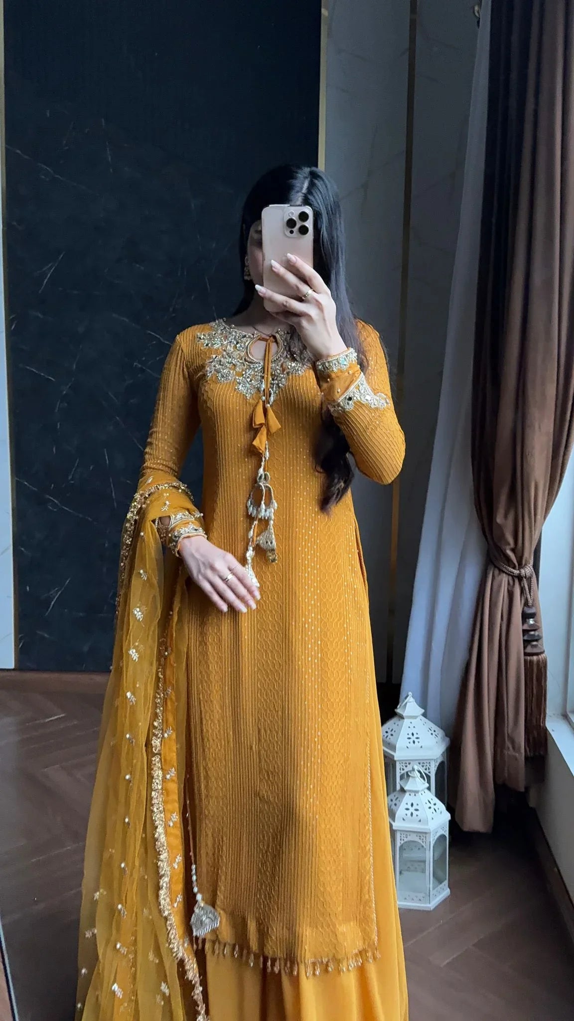 Amber Glow – Hand Embellished Mustard Chiffon Ensemble