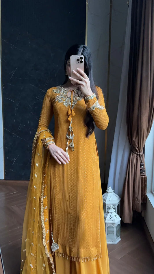 Amber Glow – Hand Embellished Mustard Chiffon Ensemble