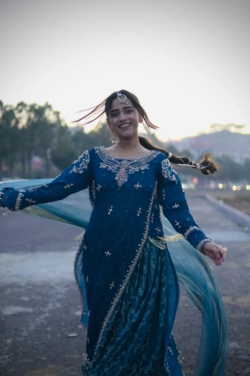 Pearl & Mirror Hand-Embellished Formal Net Long Frock with Pleated Sharara and Dupatta