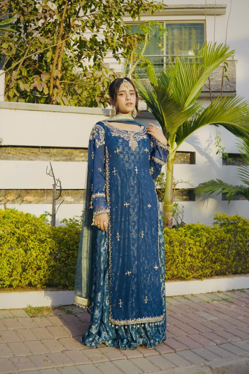 Pearl & Mirror Hand-Embellished Formal Net Long Frock with Pleated Sharara and Dupatta