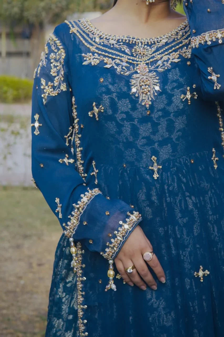 Pearl & Mirror Hand-Embellished Formal Net Long Frock with Pleated Sharara and Dupatta