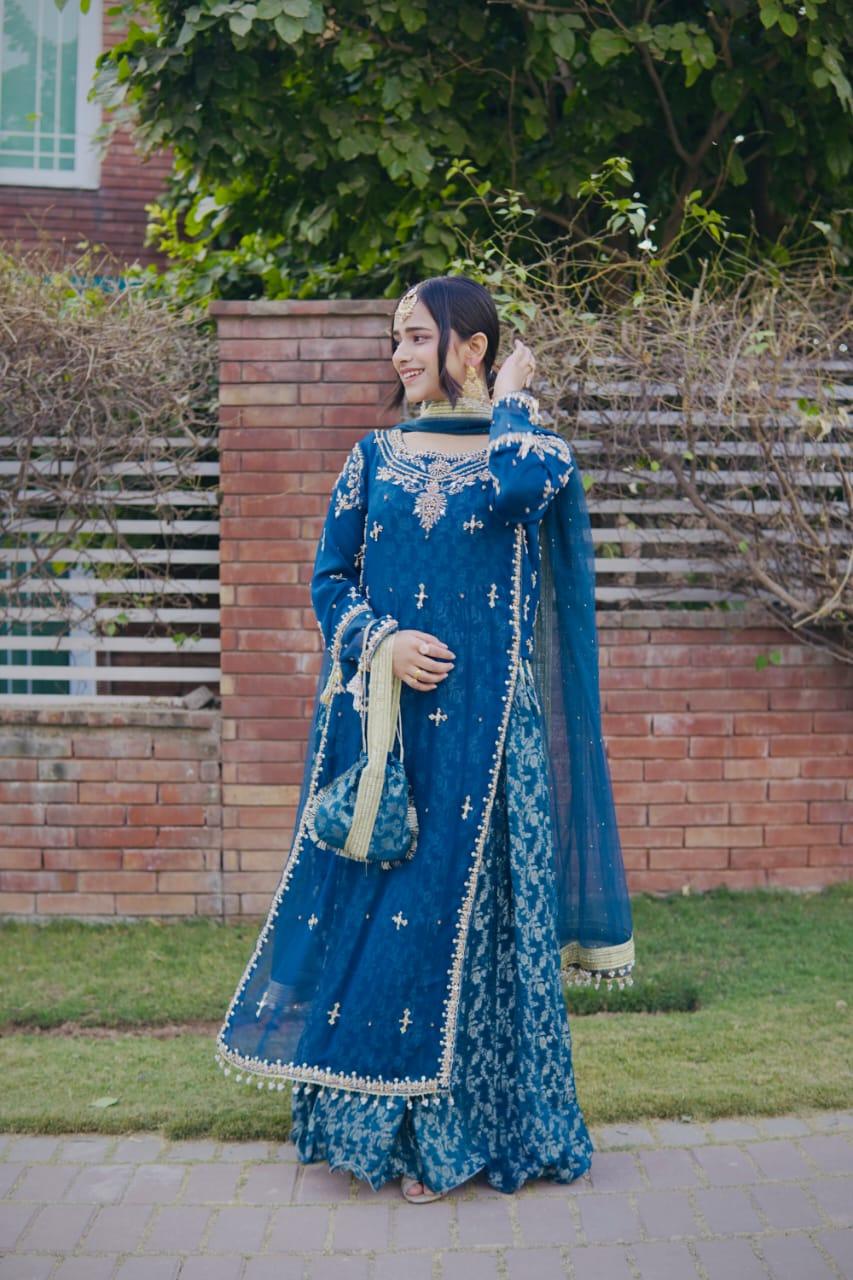 Pearl & Mirror Hand-Embellished Formal Net Long Frock with Pleated Sharara and Dupatta