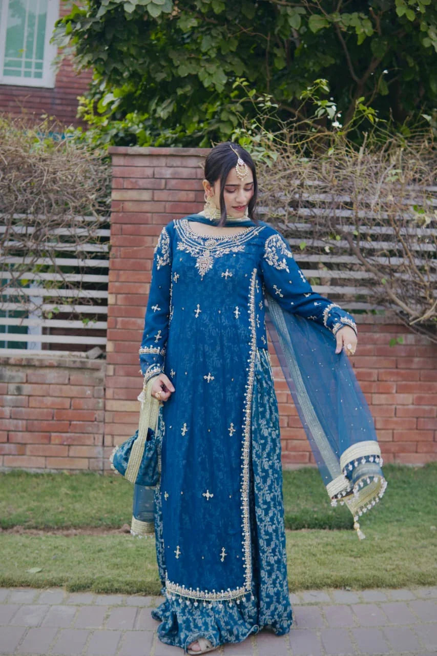 Pearl & Mirror Hand-Embellished Formal Net Long Frock with Pleated Sharara and Dupatta