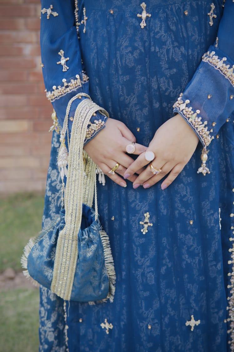 Pearl & Mirror Hand-Embellished Formal Net Long Frock with Pleated Sharara and Dupatta