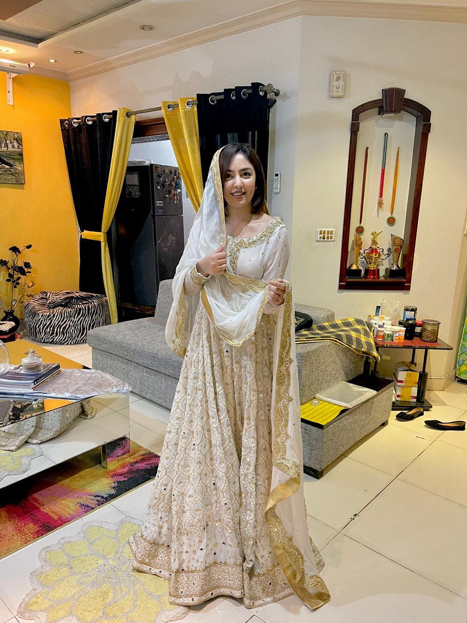 Chikankari Chiffon Hand-Embroidered Anarkali – Ivory Gold Elegance