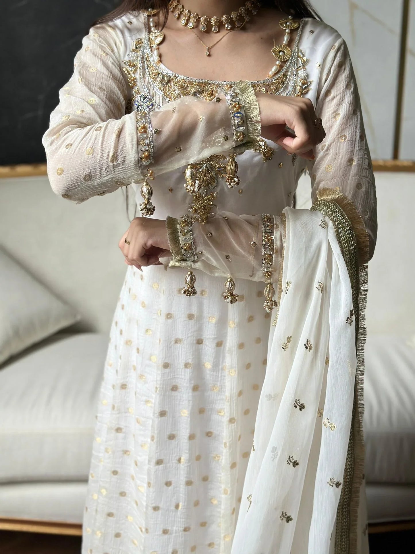 Jamawar Chiffon Handwork – Ivory Gold Luxe